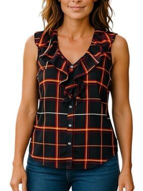 Banana Republic Sleeveless Blouse Sz.XL Black Plaid Ruffle Career Office Siren